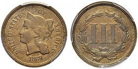 USA 
 3 Cents 1869. PROBE / PATTERN, in Nickel, glatter Rand. KM Pn721. Selten / Rare. PCGS PR62. Polierte Platte / Proof.