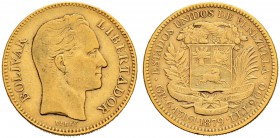 VENEZUELA 
 Republik 
 20 Bolivares 1879, Brüssel. 6.41 g. Schl. Fr. 5. Sehr schön / Very fine.