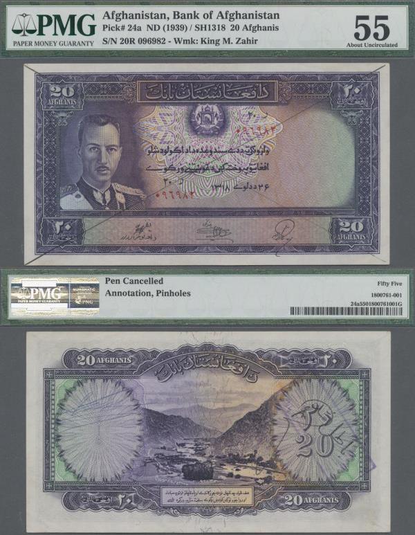 Afghanistan: Bank of Afghanistan 20 Afghanis SH1318 (1939), P.24a with pen cance...