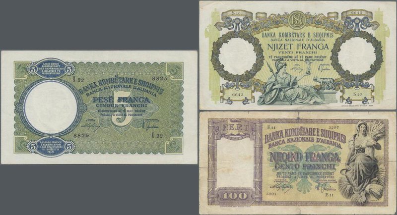Albania: 5, 20 and 100 Franga ND(1939-40), P.6, 7, 8 in VF/F/F- condition. (3 pc...