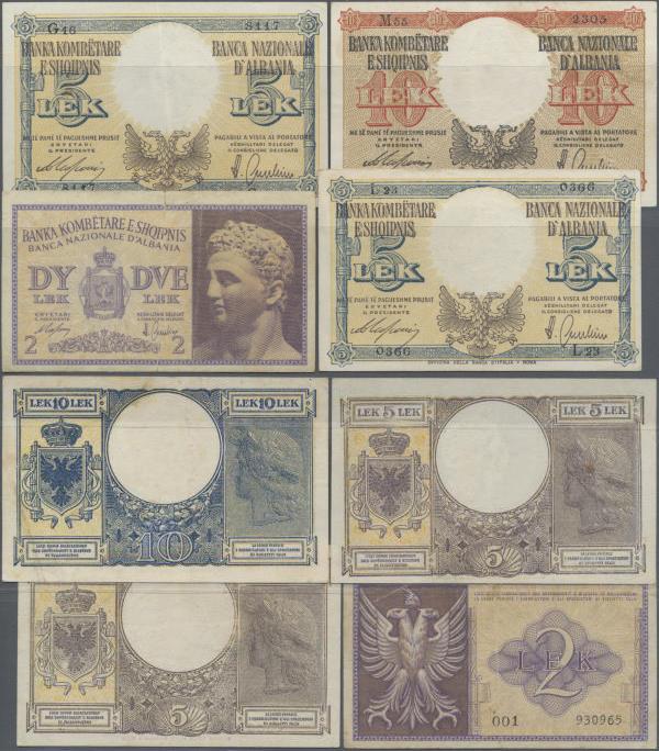 Albania: 2, 2x 5 and 10 Lek ND(1940-42), P.9, 10, 11 in VF to XF condition. (4 p...