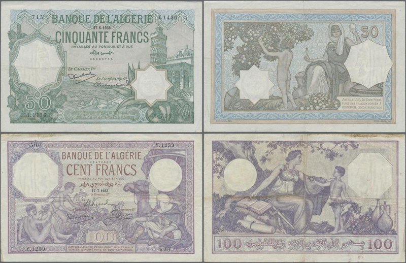 Algeria: Banque de l'Algérie pair with 50 Francs 1936 P.80 (VF+ with pinholes) a...