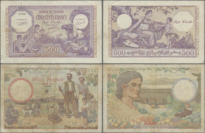 Algeria: Banque de l'Algérie 1000 Francs 1942 P.86 (F) and 500 Francs 1944 P.95 ...