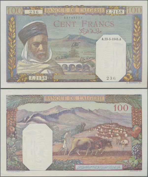 Algeria: Banque de l'Algérie 100 Francs 1945, P.88 in perfect UNC condition.
 [...