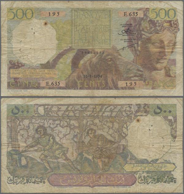 Algeria: 500 Francs 1954, P.106, toned paper with several folds and some pinhole...