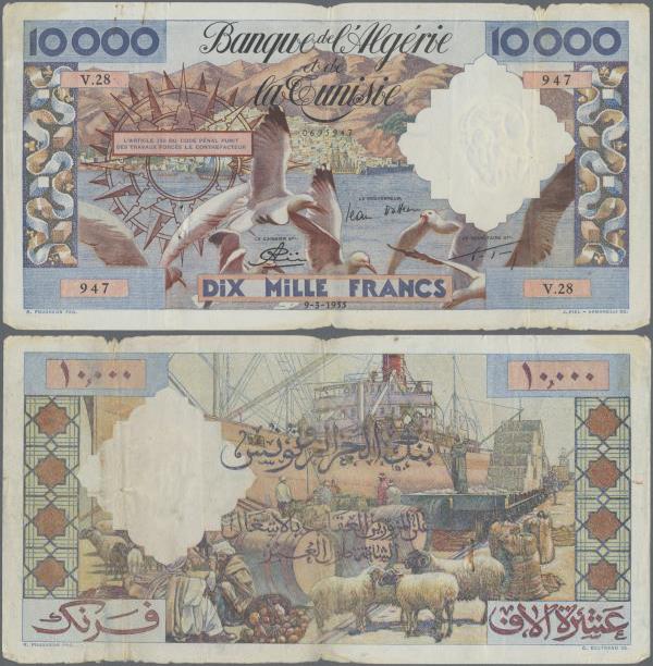 Algeria: 10.000 Francs 1955, P.110, margin splits and tiny holes at center. Cond...