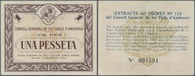 Andorra: Consell General de les Valls d'Andorra 1 Pesseta 1936, P.6, excellent condition with a stronger vertical fold and tiny dint at lower right. C...
