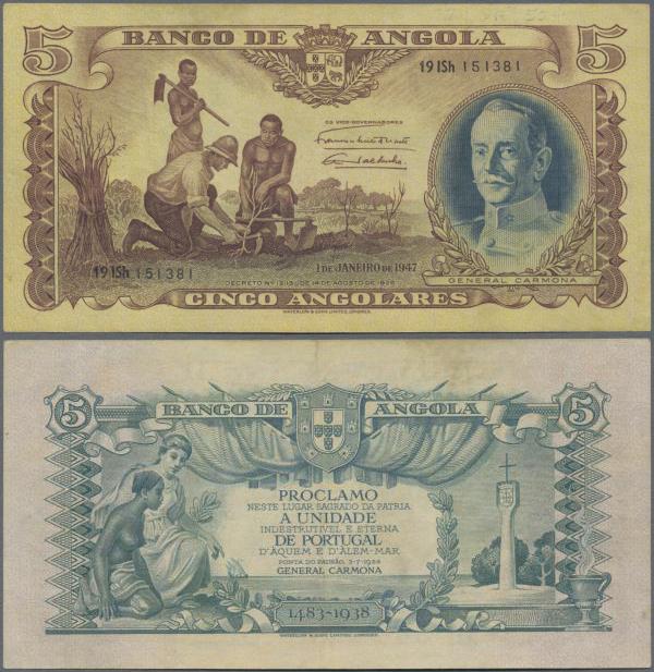 Angola: 5 Angolares 1947, P.77, vertical fold at center and some other minor cre...
