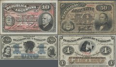 Argentina: Very interesting lot with 4 banknotes of the early issues and local banks of Argentina comprising 50 Pesos Republica Argentina 1884 P.8 (F-...