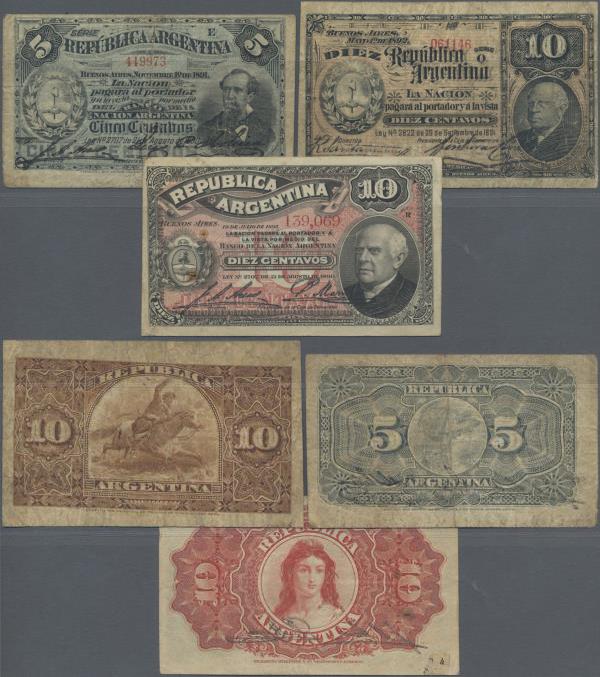 Argentina: Set with 3 banknotes 5 Centavos 1890 P.209 (F-), 10 Centavos 1891 P.2...