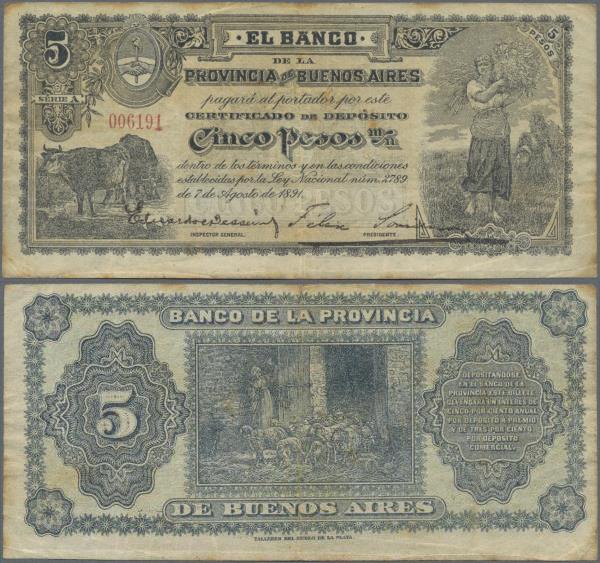 Argentina: El Banco de La Provincia de Buenos Aires 5 Pesos 1891, P.S575a, light...