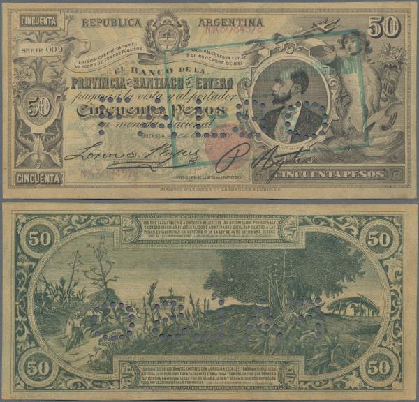 Argentina: Banco de la Provincia de Santiago del Estero 50 Pesos 1888 contempora...