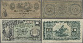 Argentina: 10 Pesos 1866 P.S1527 (VG) and 10 Centavos 1884 P.6 (F+). (2 pcs.)
 [taxed under margin system]