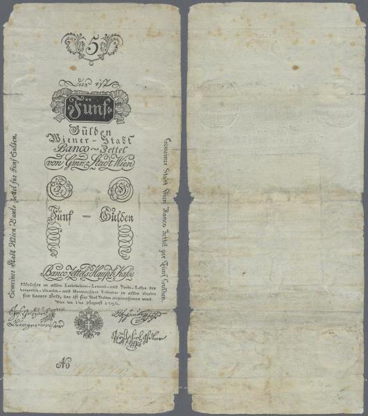 Austria: Wiener Stadt-Banco Zettel 5 Gulden 1796, P.A22, extraordinary rare and ...