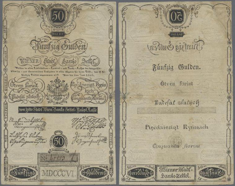 Austria: Wiener Stadt-Banco Zettel 50 Gulden 1806, P.A41, very rare and seldom o...