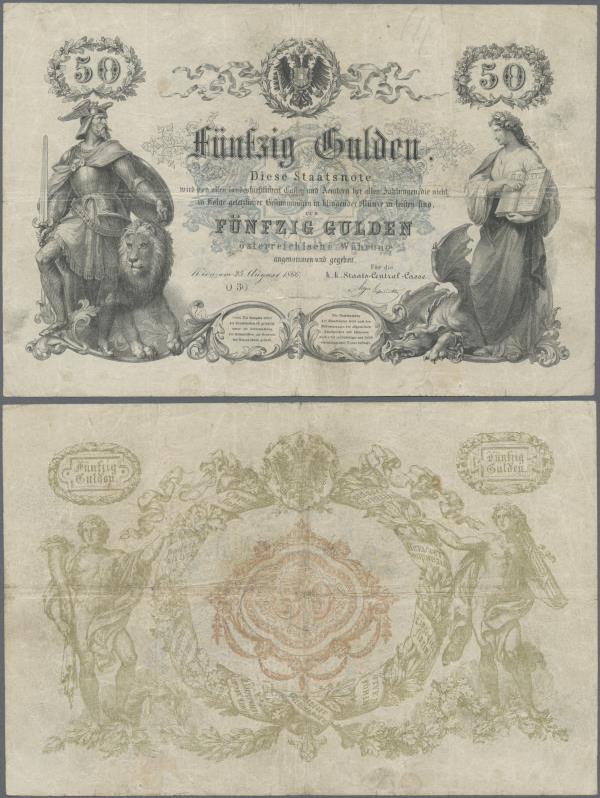 Austria: K.u.K. Staats-Central-Casse 50 Gulden 1866, P.A152, great original shap...