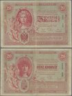 Austria: 20 Kronen 1900, P.5, very popular and rare note in nice condition, toned paper with several folds and tiny hole at center. Condition: F/F-
 ...