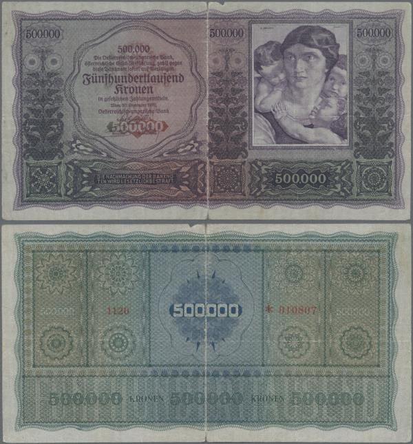 Austria: 500.000 Kronen 1922, P.84, stronger fold at center, tiny margin split, ...