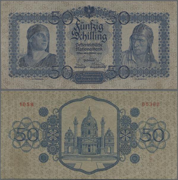Austria: 50 Schilling 1929, P.96, great note with a stronger center fold, some o...