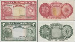 Bahamas: Pair with 4 and 10 Shillings ND(1953), P.13d, 14b, both in very nice condition with a few soft folds, larger cut or tear at center of the 10 ...
