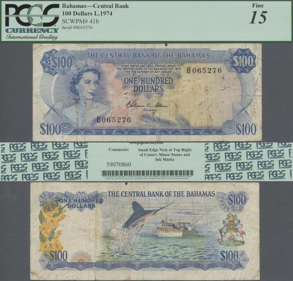 Bahamas: The Central Bank of the Bahamas 100 Dollars L.1974 with signature W.C. ...