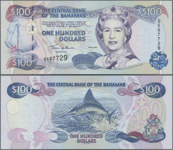Bahamas: 100 Dollars 2000, P.67 in perfect UNC condition.
 [taxed under margin ...