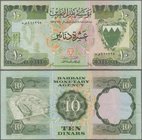 Bahrain: 10 Dinars L.1973, P.9, still strong paper and bright colors with several folds and creases. Condition: F+
 [taxed under margin system]
