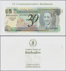 Barbados: 5 Dollars ND(2002) ”30th Anniversary of the Central Bank of Barbados” Commemorative Issue, P.65A, glued in original folder and in UNC condit...