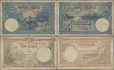 Belgian Congo: 5 Francs 1930 P.8e (F) and 20 Francs 1948 P.15f (F-). (2 pcs.)
 [taxed under margin system]
