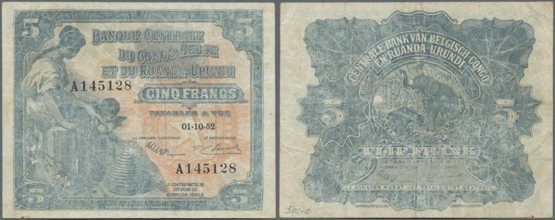 Belgian Congo: 5 Francs 1952, P.13B, obviously pressed with some folds and light...
