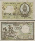 Belgian Congo: Banque du Congo Belge 1000 Francs 1946, P.19b, highly rare banknote and still nice original shape, lightly toned paper, small border te...