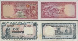 Belgian Congo: Banque Centrale du Congo Belge et du Ruanda-Urundi pair with 10 Francs 1958 P.30b (VF) and 50 Francs 1959 P.32 (VF+). (2 pcs.)
 [taxed...