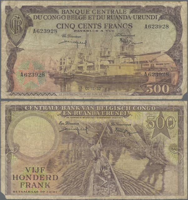 Belgian Congo: 500 Francs 1957, P.34, highly rare banknote in almost well worn c...