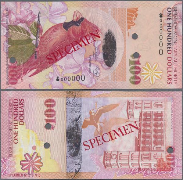 Bermuda: 100 Dollars 2009 SPECIMEN, P.62s in UNC condition
 [taxed under margin...