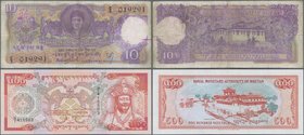 Bhutan: Nice pair with 10 Ngultrum ND(1974) P.3 (F) and 500 Ngultrum ND(1994) P.21 (UNC). (2 pcs.)
 [taxed under margin system]