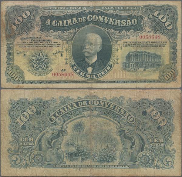 Brazil: Caixa de Conversão 100 Mil Reis 1906, P.97, very rare and seldom offered...