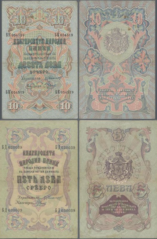 Bulgaria: Pair with 5 Leva Srebro ND(1909) P.2b (F+ with small tear) and 10 Leva...