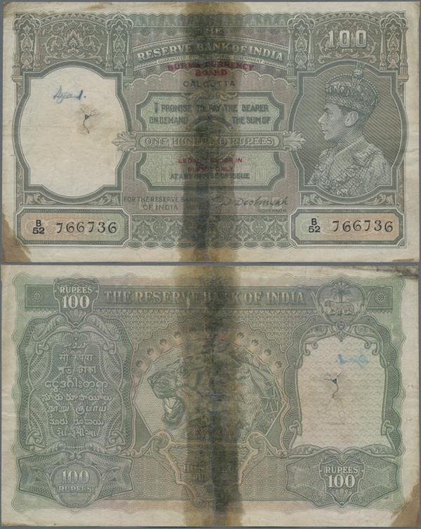 Burma: Burma Currency Board 100 Rupees ND(1947) overprint ”Legal Tender in Burma...