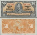 Canada: 50 Dollars 1937, P.63b, very nice with strong paper and bright colors, some folds and a few minor spots at lower margin. Condition: VF+
 [tax...