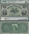 Canada: The Merchants Bank of Halifax 5 Dollars 1894 SPECIMEN, P.S1187s, some pinholes at lower left, otherwise perfect, PMG graded 64 Choice Uncircul...