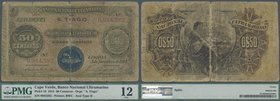 Cape Verde: 50 Centavos 1914 with ovpt. S.TIAGO and seal type II at lower center, P.16 in well worn condition with a number of tiny holes, staining pa...