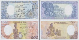 Chad: Republique du Tschad pair with 500 Francs 1990 P.9c (UNC) and 1000 Francs 1988 P.10A (UNC). (2 pcs.)
 [taxed under margin system]