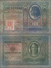 Czechoslovakia: 100 Korun 1912 (1919) with adhesive stamp at lower left, P.4a, tiny tears at upper and lower margin and some folds. Condition: F/F+
 ...