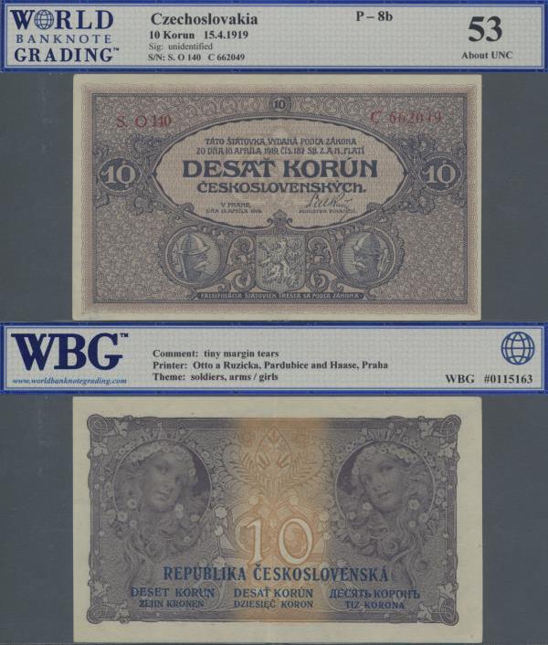 Czechoslovakia: 10 Korun 1919, P.8b, tiny dint at upper left and ”tiny margin te...