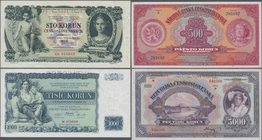 Czechoslovakia: Set with 4 Specimen notes containing Republika Československá 5000 Korun 1920 Specimen P.19s (UNC) and Narodná Banka Československá 10...