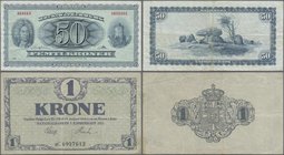 Denmark: Pair with 1 Krone 1921 P.12g (F+) and 50 Kroner 1966 P.45a (F+). (2 pcs.)
 [taxed under margin system]