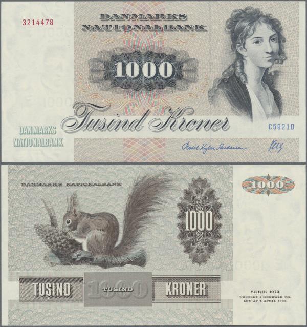 Denmark: 1000 Kroner (19)92, P.53g in perfect UNC condition.
 [taxed under marg...