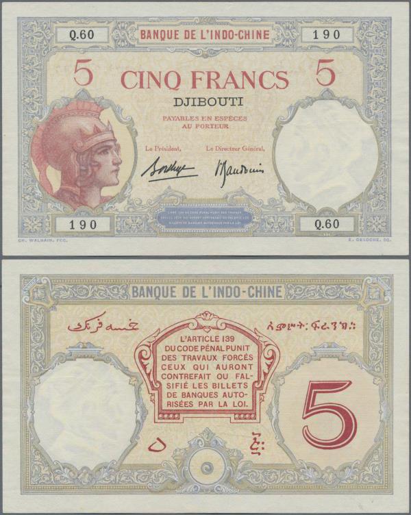 Djibouti: Banque de l'Indochine – DJIBOUTI 5 Francs ND(1928-38), P.6b, almost pe...