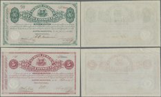 Dominican Republic: Pair with 5 and 10 Pesos Crédito Público 1875/76, P.S161, S162. 5 Pesos with a few folds at upper margin and pinhole at upper righ...