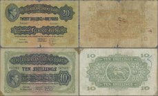 East Africa: Pair with 10 Shillings 1939 P.26B (F) and 20 Shillings 1951 P.30b (VG/F-). (2 pcs.)
 [taxed under margin system]
